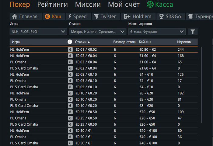 Столы в Покер Матч